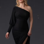 Beautiful asymmetric dress with puffed sleeves.(Black & White Collection) N6